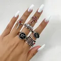 Set de anillos estilo punk gótico con calavera de plata daga y diseños de cruz roja en mano - Estilo Cruz de Piedra Roja 6Pcs (33621-ring-S)