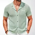 Casual men's Cuban collar knit shirt with hollow breathable mesh design in sage green - M / Tops / Green