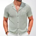 Sage green men's short sleeve knit polo shirt with Cuban collar and hollow out mesh - M / Tops / Gray