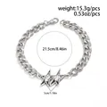 Men's hip hop silver curb chain bracelet with double star pendant, 21.5cm length - Silver
