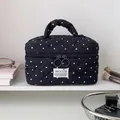 Borsa cosmetica trapuntata nera a pois con manico superiore e grande capacità interna - Stile a Pois / Blu scuro