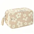Large capacity corduroy pencil case featuring a white flower pattern on beige background - Brown Floral