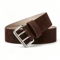 Detail view of retro brown suede wide belt with silver double-prong buckle. - 107cm / Coffee