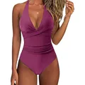 Vue détaillée d'un maillot de bain une pièce violet pour femme avec corsage plissé croisé - S / Haut Et Bas / Fuchsia