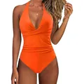 Maillot de bain une pièce orange élégant avec décolleté en V plongeant et devant croisé - S / Haut Et Bas / Rouge Orangé