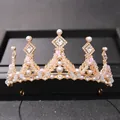 Close-up view of luxury golden crystal tiara crown with pearls for girls birthday - Golden Pearl Tapered Style (HG096J)