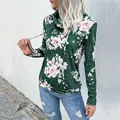 Women's green sweatshirt with pink floral print, cowl neck and adjustable drawstrings - S / Tops / Green