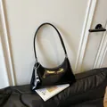 Vintage black glossy minimalist underarm shoulder bag with silver chain detail - With Pendant / Black