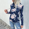 Sweatshirt décontracté à manches longues bleu marine avec imprimé floral rose et col - Bleu Marine