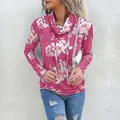 Sweat à capuche élégant à fleurs avec cordon de serrage et col roulé pour femme en magenta - Rose rouge