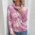 Sweat-shirt à manches longues pour femmes avec imprimé floral et col bénitier rose - Rose