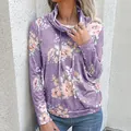 Sweat-shirt décontracté pour femme à imprimé floral violet avec col à cordon de serrage - Violet