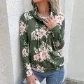 Sweatshirt à manches longues pour femmes avec imprimé floral vert et col bénitier - Vert Militaire