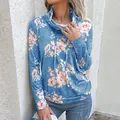 Élégant sweat-shirt bleu à manches longues avec imprimé floral et col bénitier pour femmes - Bleu Clair