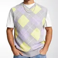 Chaleco de punto para hombre con patrón de rombos retro en amarillo, morado y gris - M / Tops / Gris claro