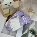 Paarse en witte dikke fleece winterhandschoenen voor touchscreengebruik en buitensporten - Cartoon Beer Color-block Winddichte Stijl (WARM) / Paars
