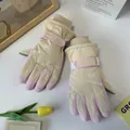 Beige en roze fleecegevoerde winterhandschoenen voor skiën en fietsen met touchscreen - Letter Color-block Warme Skistijl (JELLYFISH) / Beige