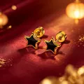 Minimalist titanium steel five-star stud earrings featuring a sleek black enamel center - Pentagram Round Stud (Single) / 0.8mm Gauge - 6mm Bar Length / Gold