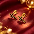 Minimalist gold titanium steel cross earring with black enamel and screw-on round back - Thin Cross Round Stud (Single) / 0.8mm Gauge - 6mm Bar Length / Gold