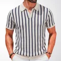 Men's slim fit vertical striped knitted polo shirt with short sleeves and V-neck - M / Tops / Off White