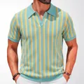 Men's slim fit short sleeve vertical striped knit polo shirt in teal and yellow color - M / Tops / Blue