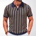 Men's elegant navy and beige vertical striped knit polo shirt in slim fit style - M / Tops / Navy Blue