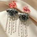 Elegant vintage red and black rose drop earrings featuring long clear beaded tassels - Gradient Petal Crystal Tassel Earrings (2608131)