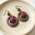 Vintage wood and red stone drop earrings with turquoise scroll pattern detail - Carved Round Wooden Hook Earrings (2608153) / Red