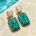 Vintage color-block drop earrings with turquoise marble pattern and white pearl texture - Geometric Emerald Green Mother of Pearl Texture Earrings (2608168) / Emerald