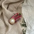 Pasador de pelo tejido a mano con detalle de perla de estilo vintage coreano para mujer - Estilo tejido ovalado (con perla artificial) (D1.1) / Mezcla multicolor