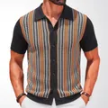 Premium men's striped jacquard knitted polo shirt cardigan with short sleeves for summer - M / Tops / Black