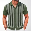 Stylish men's olive green striped jacquard short sleeve knit polo cardigan sweater - M / Tops / Green