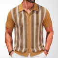 Vintage mustard yellow men's knitted short sleeve striped polo cardigan shirt for summer - M / Tops / Brown