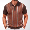Polo en maille classique pour homme avec un motif pied-de-poule marron et orange élégant - M / Hauts / Rouge