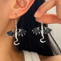 Vintage dragon dangle earrings featuring black enamel wings and silver-tone finish - Dragon Earrings (0049) / Black
