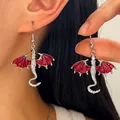 Vintage silver dragon drop earrings with red enamel wings and sparkling crystal rhinestones - Dragon Earrings (N-710) / Red