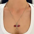 Vintage dragon pendant necklace featuring red enamel wings and silver chain detail - Dragon Necklace (WG-0140) / Red