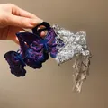 Elegant butterfly hair claw clip featuring purple embroidery and silver metal tassels - Hair Claw (Silver-Purple) / Purple