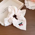 Elegant vintage cream lace scrunchie hair tie featuring heart patch and cherry embroidery - 24 Hair Scrunchie - White