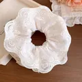 Elegant white lace polka dot hair scrunchie featuring vintage embroidered floral patterns - 21 Hair Scrunchie - White