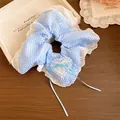 Blue gingham checkered scrunchie with white lace trim and blue heart ribbon bow detail - 23 Hair Scrunchie - Blue