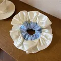 Oversized white satin scrunchie with blue and white striped center elastic hair tie accessory - 22 Hair Scrunchie - White Blue