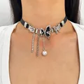 Chic Y2K punk style black leather butterfly choker with dangling silver chains and white pearl - Heavy Butterfly Tassel Style (WG0-1136)