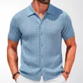 Men's light blue short sleeve knit polo cardigan with textured cable stitch pattern - M / Tops / Blue