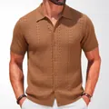 Men's brown cable-knit short-sleeved polo cardigan with textured button-down front - M / Tops / Brown
