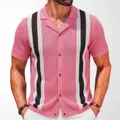 Men's vintage pink knitted short-sleeve polo shirt with black and white vertical stripes - M / Tops / Rose Red