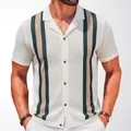 Men's retro knit polo shirt with green stripes in a slim fit cardigan style - M / Tops / White
