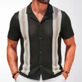 Vintage black knit short sleeve polo shirt with vertical stripes for men casual wear - M / Tops / Black