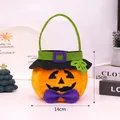 Cute orange plush Halloween pumpkin candy gift bag featuring a black hat and purple bow tie - Round Pumpkin With Hat