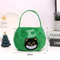 Green plush Halloween candy bag with embroidered black cat and Trick or Treat text - Round Green Black Cat